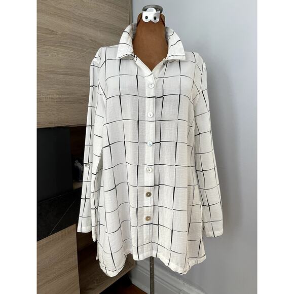 John Mark Tops - John Mark Wms Sz S Grid A-Line Tunic Top White Lagenlook Casual Breezy Relaxed